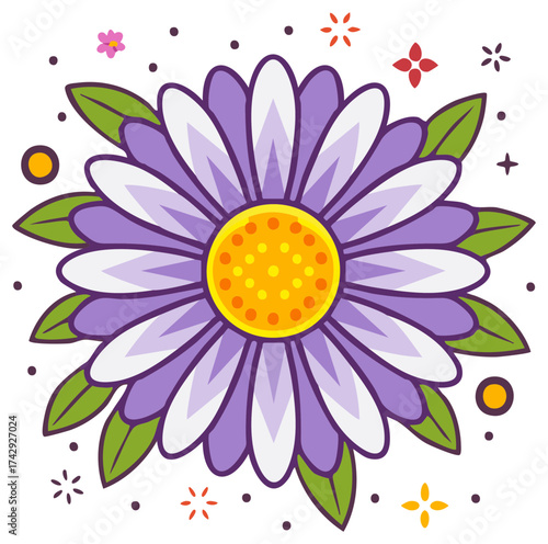 Purple and White Daisy Flower with Leaves and Decorative Elements Vector Illustration