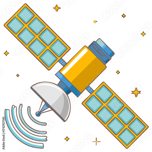 Satellite with Antenna Communicating among Stars, Space Exploration Icon