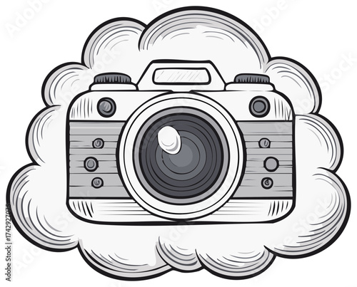 Vintage film camera illustration with cloud effect, photography gear and vector art