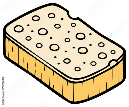 Cartoon yellow scrubbing sponge with holes on top and textured sides