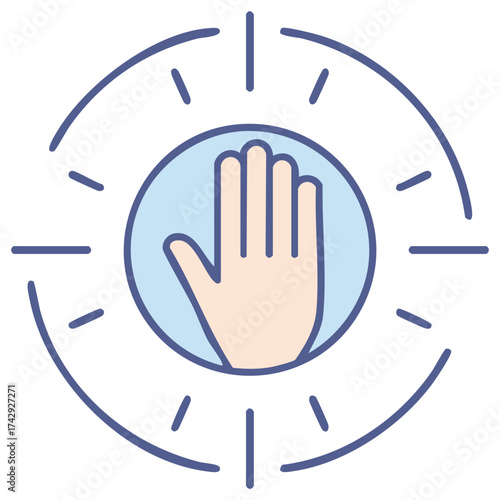 Hand gesture symbol within a circle with radiant lines, flat design style