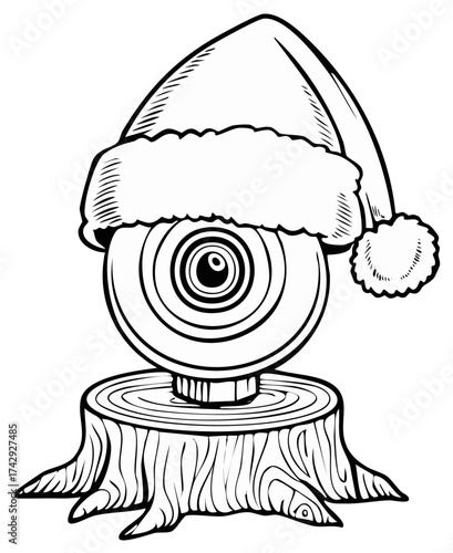 Stylized illustration of a webcam wearing a Santa hat perched on a tree stump