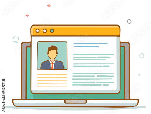 Laptop Illustration with Person Profile on Screen Displaying Professional Information and Text Details Online