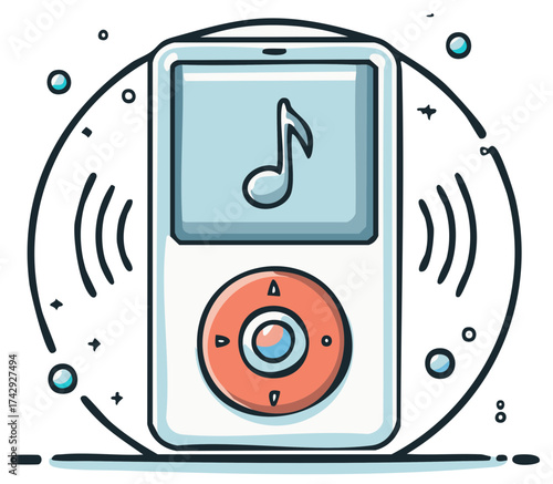 Classic portable digital music player cartoon illustration with a music note on the screen