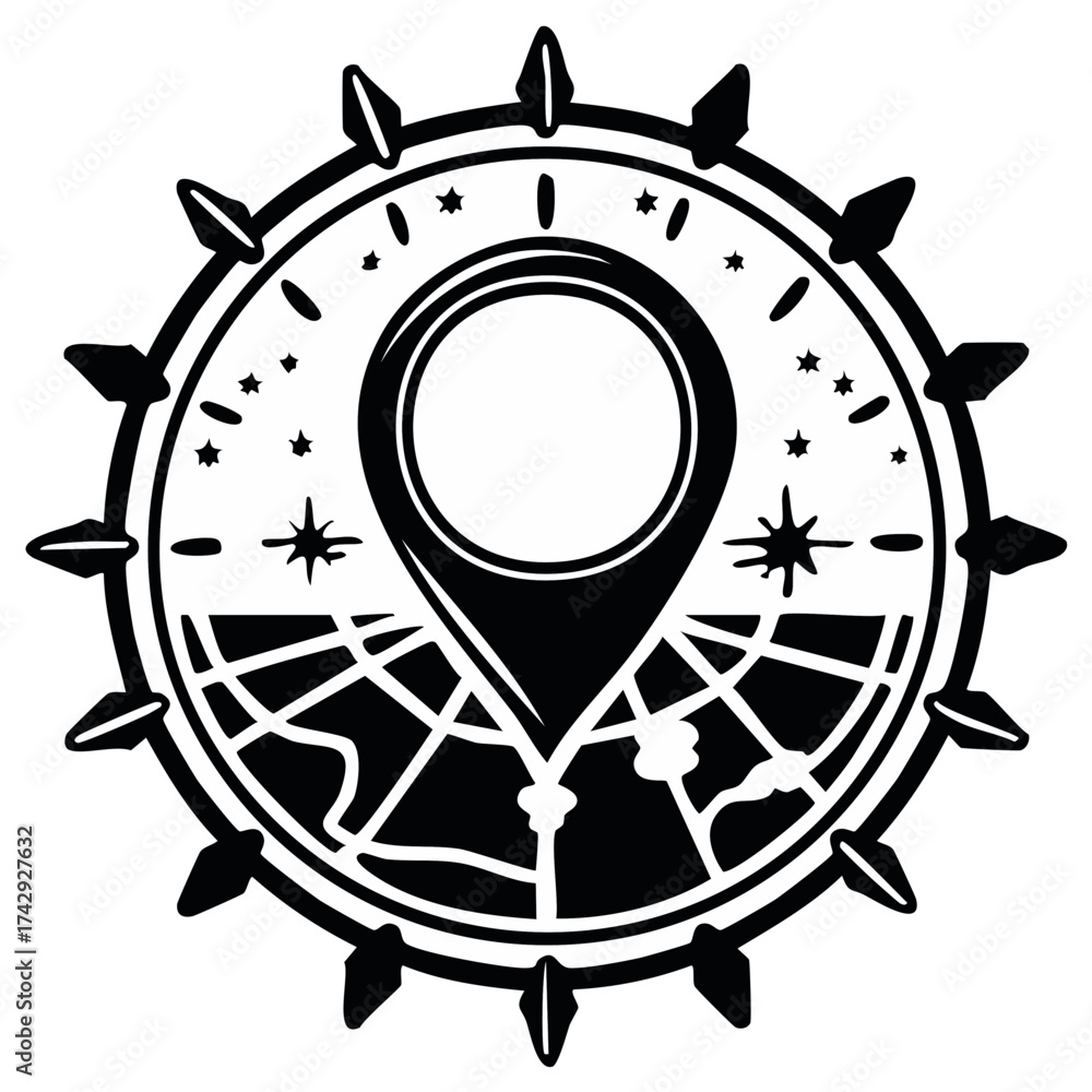 Fototapeta premium Globe Location Pointer Round Emblem with Navigation Stars Black and White