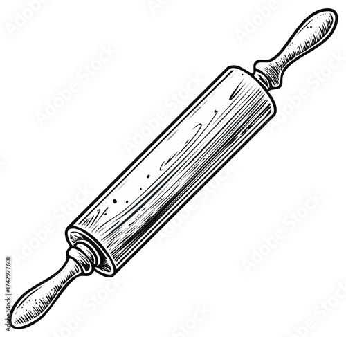 Monochrome illustration of a vintage style wooden rolling pin for baking