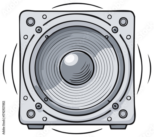 Booming Speaker Illustration with Sound Waves Emanating from a Square Audio System, Broadcasting Loud Music