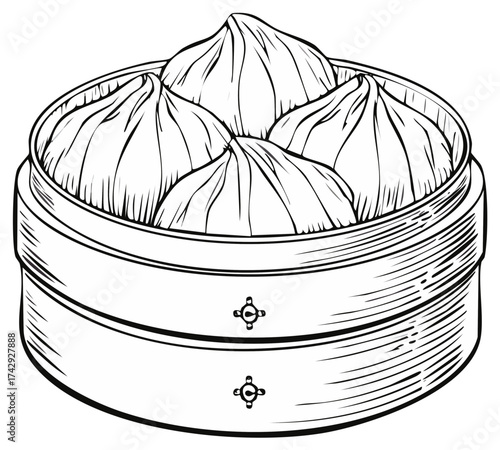 Steamed Dumplings in Bamboo Basket Hand Drawn Illustration
