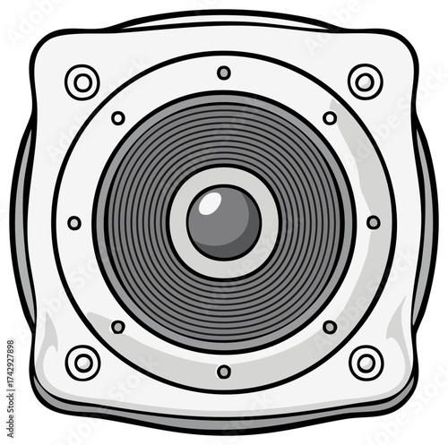 Monochrome audio speaker with gray woofer and white casing, music amplification device for sound system, technology equipment
