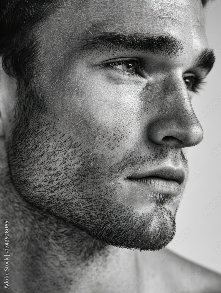 Obraz premium Close-up of a young man's contemplative face in black and white