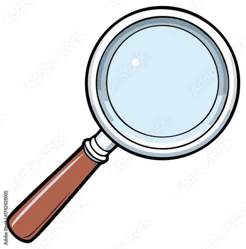 A simple illustration of a magnifying glass with a brown handle and a metallic rim.