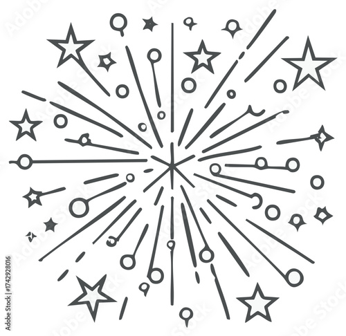 Geometric starburst explosion with stars and round shapes radiating from a central core