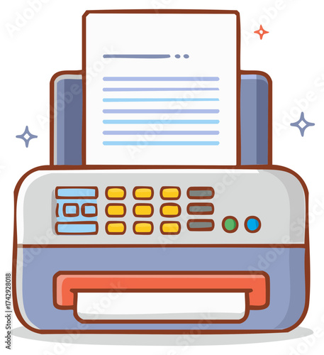 Cute cartoon fax machine with paper and buttons ready for use and communication