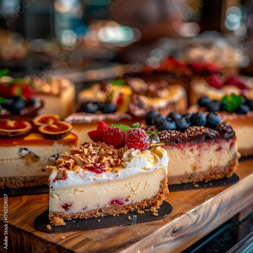 Deliciosas porciones de tarta de queso expuestas en un mostrador de madera