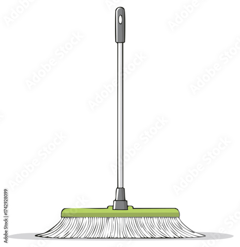 Cartoon illustration of a string mop with a green head and silver handle for floor cleaning