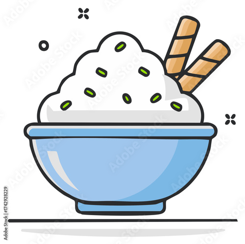 Bowl with creamy dessert topping adorned with sweet wafer sticks and pistachio sprinkles cartoon illustration