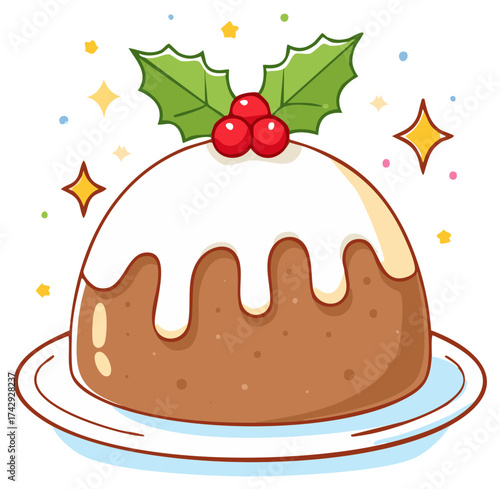 Festive Holiday Pudding Dessert on Plate with Holly Berries and Sparkling Stars Cartoon Illustration