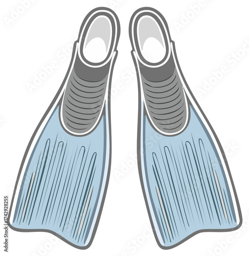 Cartoon blue swimming fins for diving and snorkeling beach vacation, summer holiday and water sport activities, pair flippers for swimmer or surfer