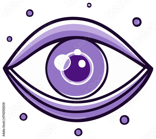 Vivid lavender eye stares intently surrounded by cosmic floating dots, a symbol for perception and otherworldly insight