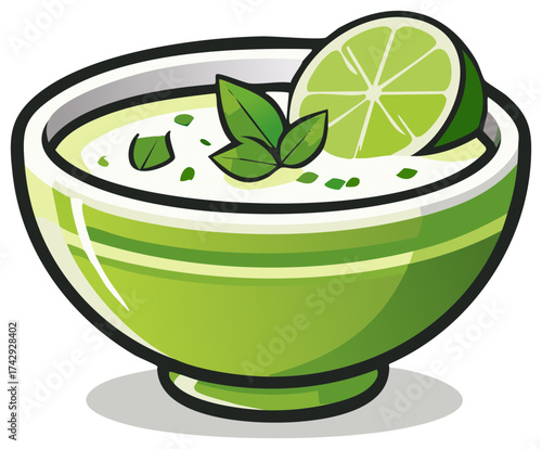 Fresh green soup in a bowl garnished with lime and mint leaves