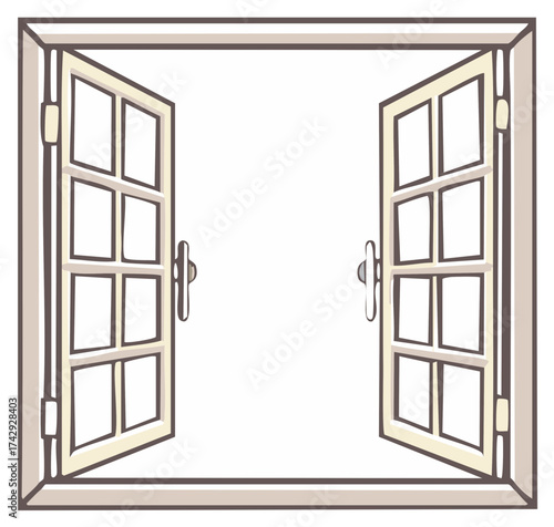 Open window with multiple panes lets light and fresh air into the room drawing vector illustration