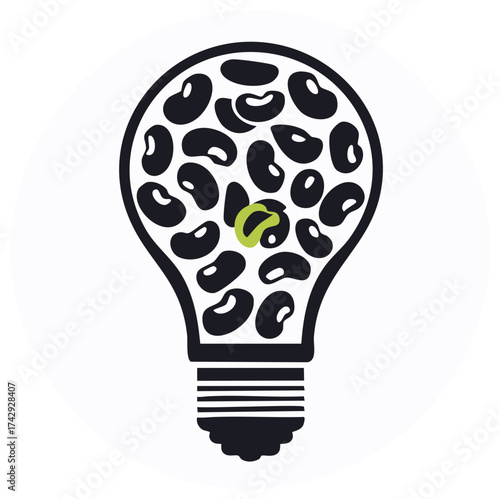 Lightbulb filled with black beans and one green sprouting bean representing a bright idea