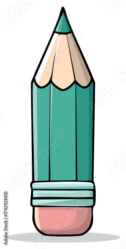 Cartoon teal wooden pencil with eraser for writing or drawing stationery design element