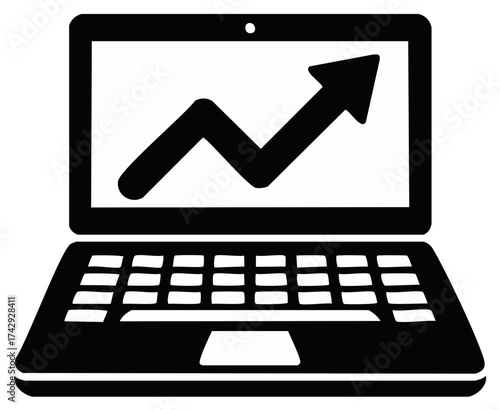 Laptop displaying an upward trending arrow graph and statistics on screen in black and white
