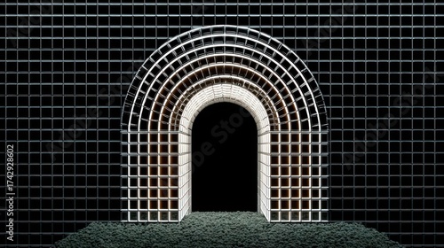 Fototapeta Naklejka Na Ścianę i Meble -  Modern minimalist architectural arches with a white grid pattern, creating an abstract tunnel against a dark background with green textured ground.