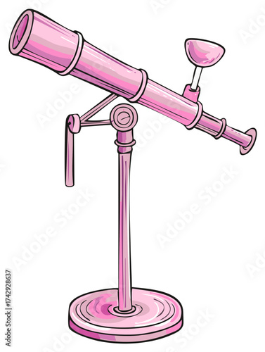 Bright pink vintage telescope on a stand with artistic sketch lines