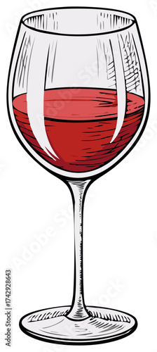Vibrant Hand-Drawn Sketch of a Classic Stemmed Glass Filled with Deep Red Wine Beverage Artwork