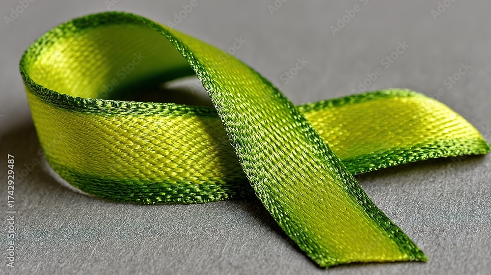 Obraz premium Green ribbon loop on gray surface close up.