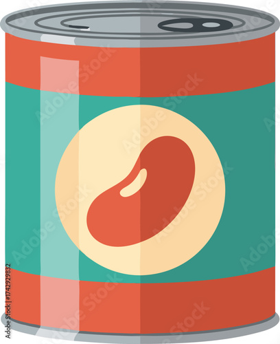 A metal can with a bold bean label, featuring teal and red accents—ideal for food packaging, grocery, and nutrition concepts