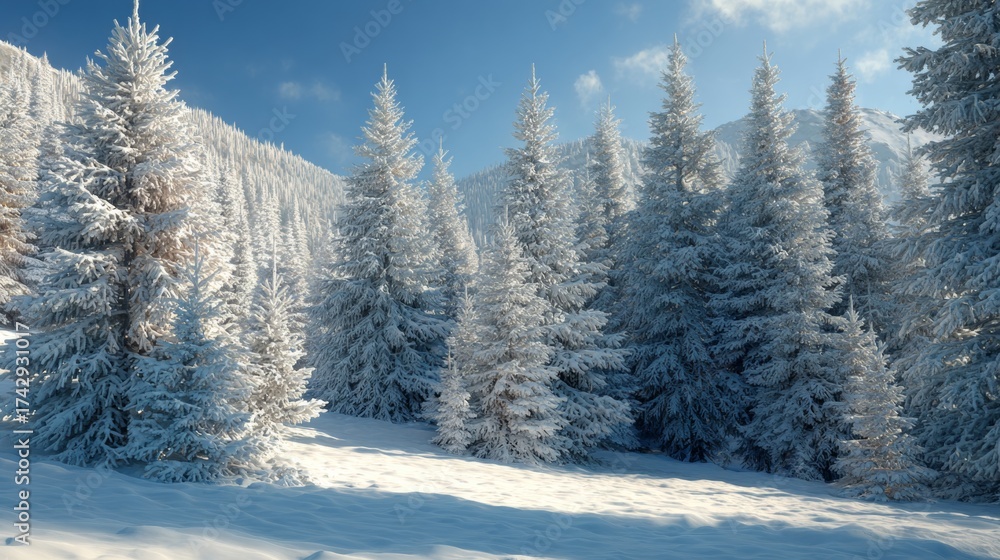 Naklejka premium Serene morning glory in the snowy carpathians, nature's beautiful awakening. Studio portrait. A winter's palette: glittering snow and sunrise in the carpathians. Lifestyle shot. Concept art.