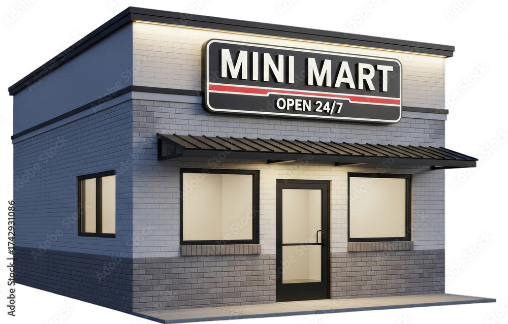 Obraz premium Modern convenience store exterior showcasing a Mini Mart open 24/7 with bright signage and inviting design