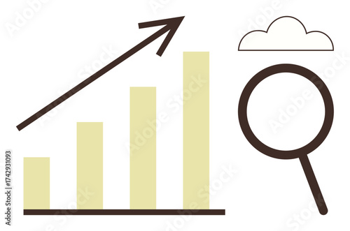 Bar chart with rising arrow, magnifying glass symbolizing analysis, cloud element. Ideal for business growth, progress, data analysis, market research, strategy innovation monitoring. Simple flat