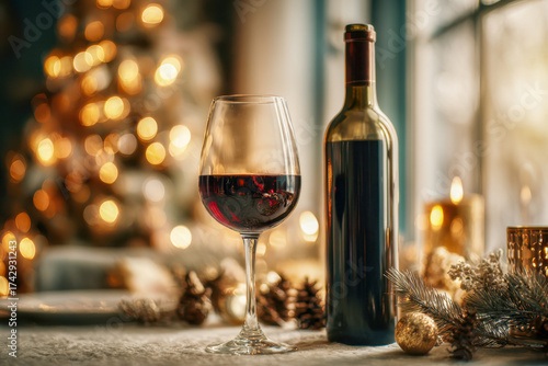 Wallpaper Mural A festive wine setting featuring a glass and bottle of red wine with warm holiday lights, pine cones, and gold decorations creating a cozy seasonal atmosphere Torontodigital.ca