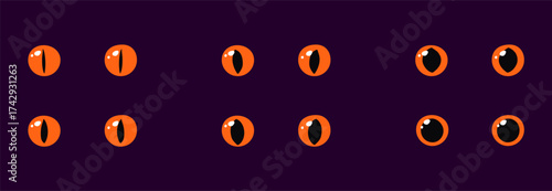 Set of orange glowing eyes dark background fantasy magic cartoon animal reptile feline mammal monster demon dragon shiny pupil vector illustration