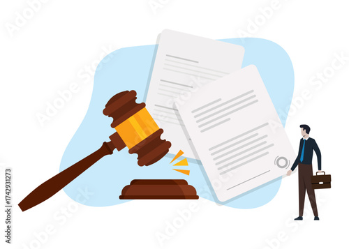 Lawyer holding a legal document. Legal document, law and judgment approval paper concept, mature lawyer holding legal document with a gavel hammer symbol of court or judgement. stock illustration.