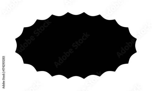 Oval shape with wavy edges. Elliptic form with curvy borders. Empty textbox, tag or label isolated on white background. Vector graphic illustration.