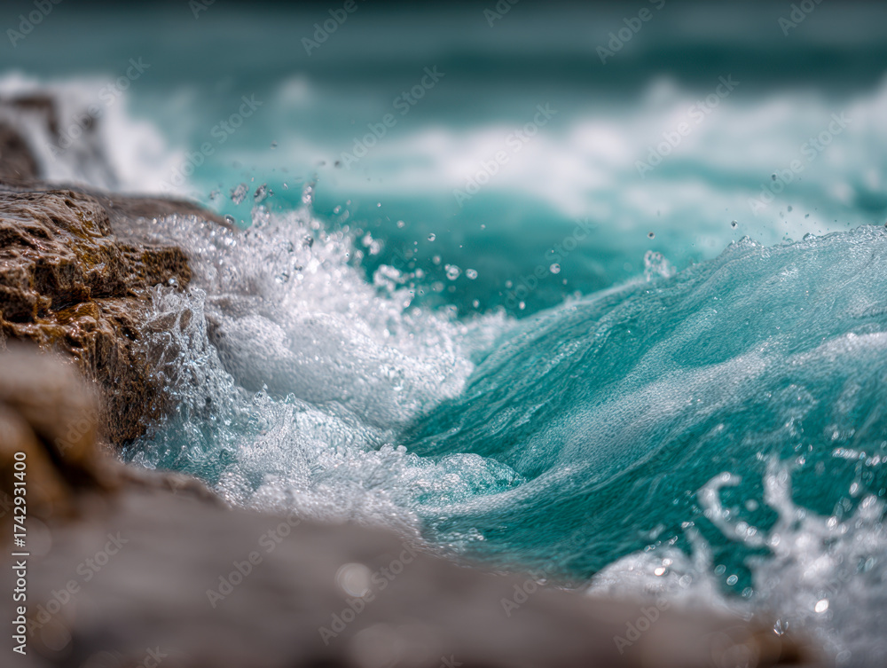 Obraz premium Turquoise ocean waves crashing energetically against rugged rocky coastline creating splashes and foam in a dynamic seascape scene