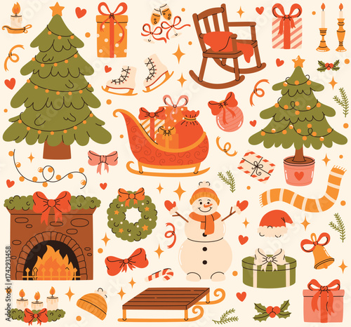 Large Christmas set with a Christmas tree, snowman, gifts, fireplace, sleigh, glasses of champagne, wreath, hats.