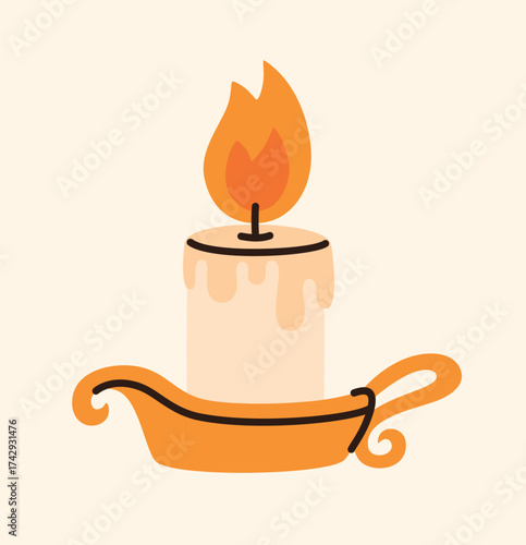 Burning candle with flame, cozy Christmas decor.