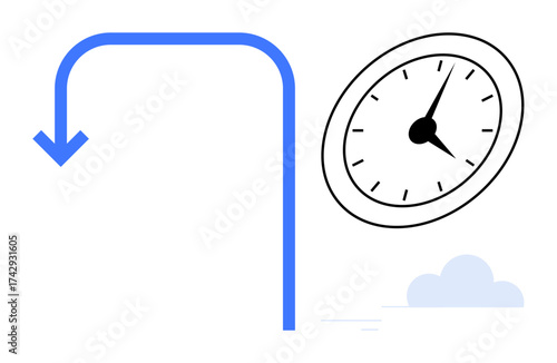Blue arrow curving downward alongside an analog clock and small cloud accent. Ideal for productivity, time management, deadlines, scheduling, focus, workflow, goal setting. Simple flat metaphor