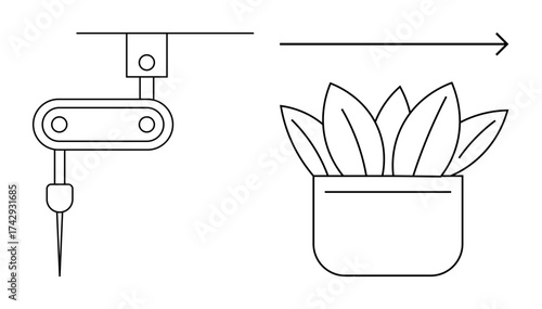 Robotic arm placing leaves in a pot, with a clean linear arrow conveying progression. Ideal for technology, automation, gardening efficiency, bioengineering, innovation, sustainability, simple flat
