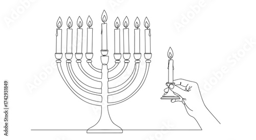 Vector continuous line drawing of menorah with lit candles and hand holding another candle holder candle