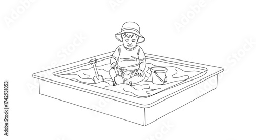 Vector line drawing of child in hat playing in sandbox with shovel and pail having a good time