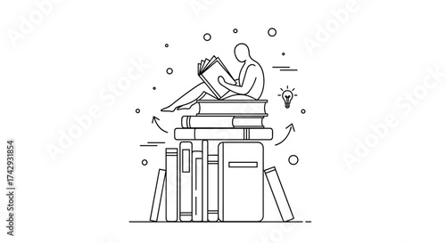 Vector a person reading a book while sitting atop a stack of books with an idea bulb nearby