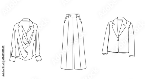 Vector continuous line drawing of a blouse, wide legged pants, and a blazer on a plain presentation