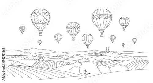 Vector hot air balloons floating over a rural landscape with fields and a distant village outline drawing